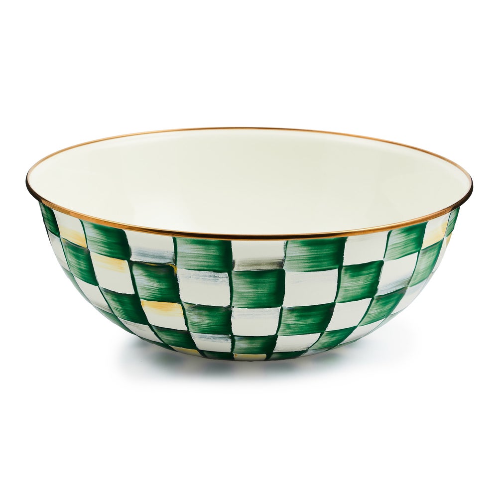 Emerald check enamel everyday bowl with hand-painted green checks on steel body