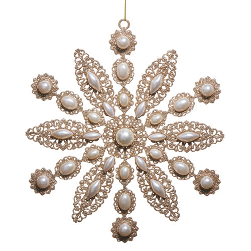9-inch snowflake-shaped ornament with gold glitter filigree and white pearl accents.
