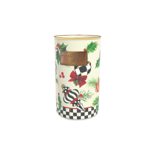 Deck the Halls Utensil Holder with holiday ornaments, holly, and a checkered base.