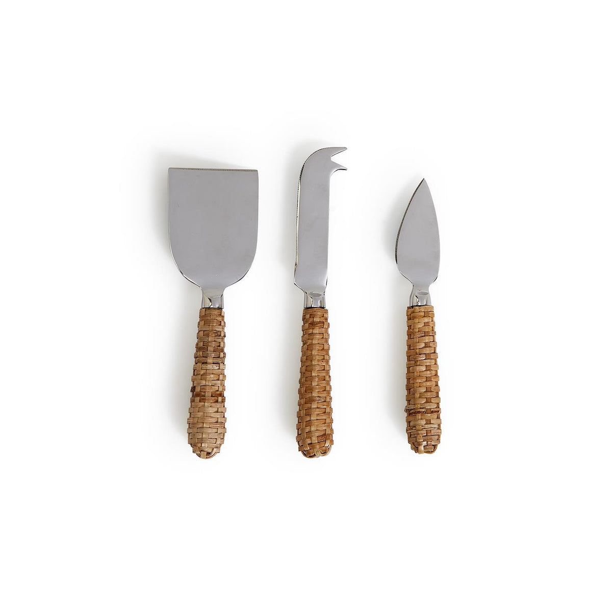 Set of three stainless steel cheese knives with woven wicker handles on a white background.