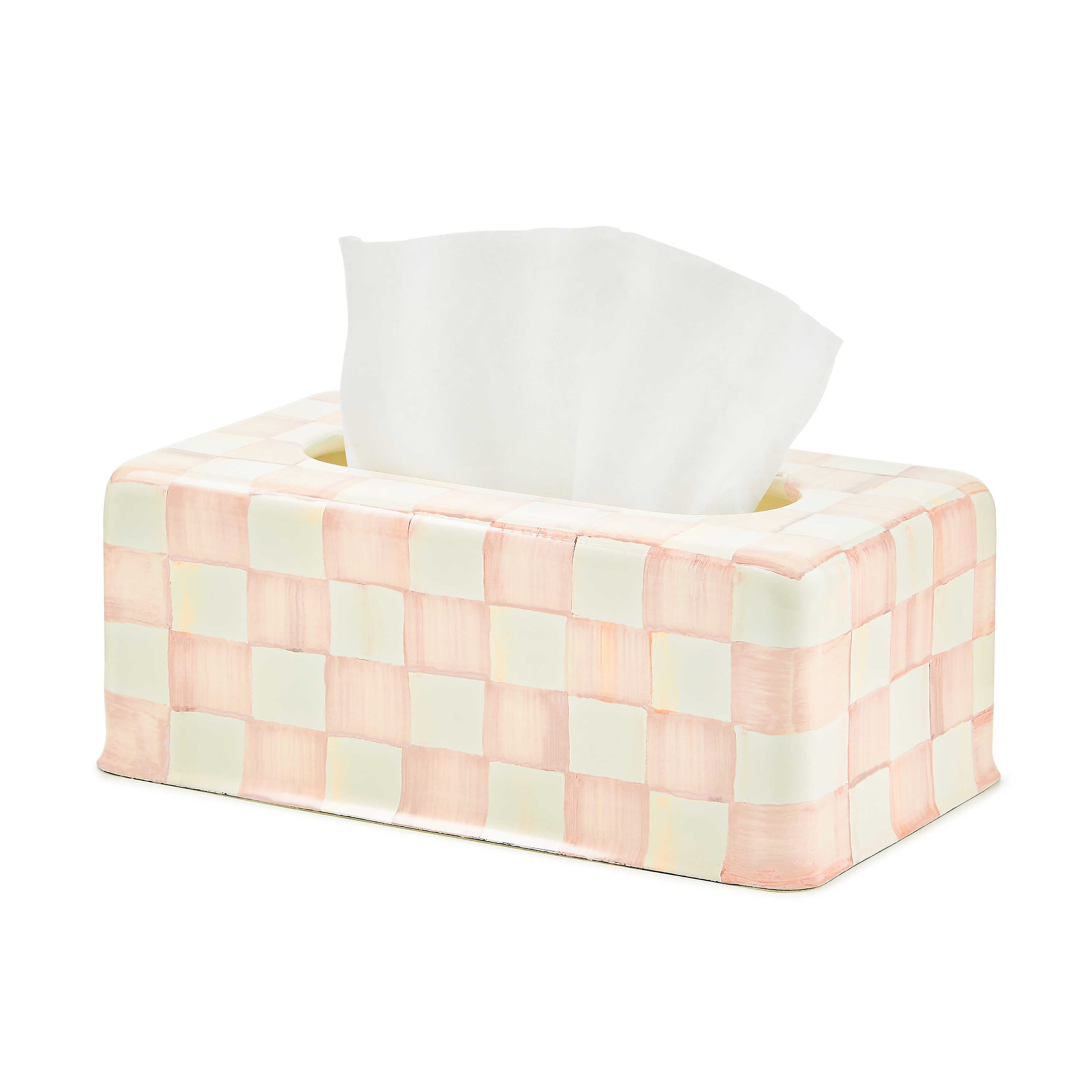 Hand-painted pink and white checkered tissue box cover with a white tissue protruding from the top.