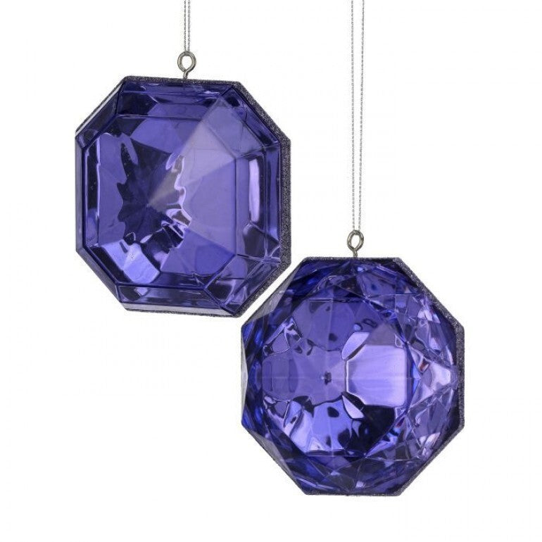 Two 4-inch purple acrylic precious gem ornaments with faceted surfaces and silver hanging strings.