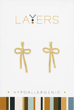 Gold chain bow dangle earrings on a white hypoallergenic display card.