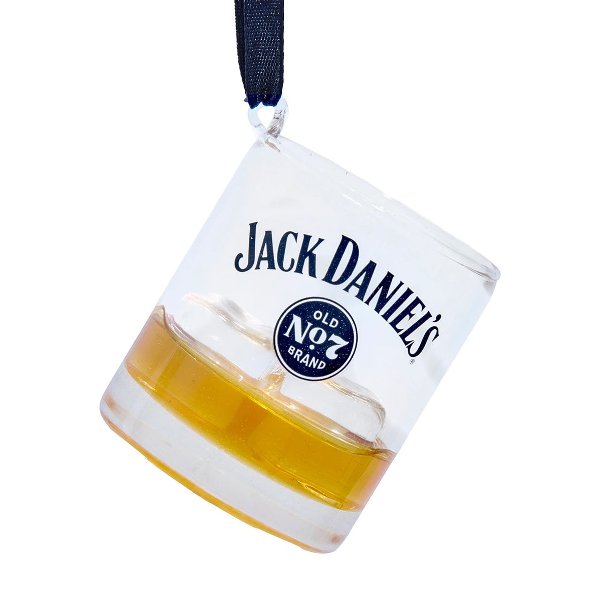 Jack Daniel's glass whiskey glass ornament with amber liquid and ice cubes hanging from a ribbon.