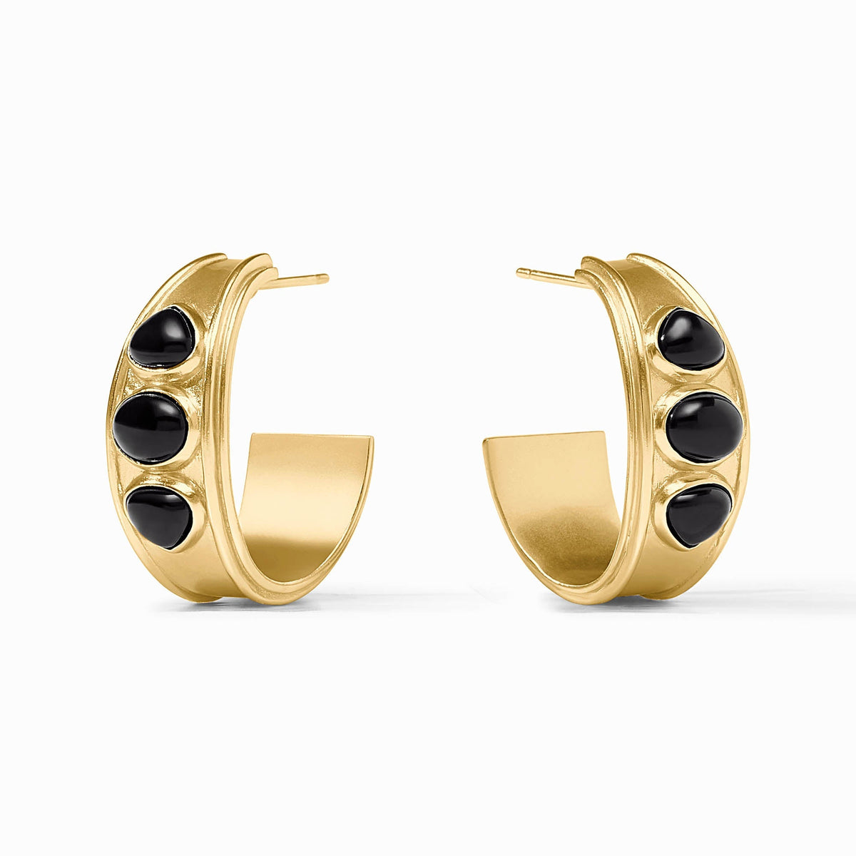 Pair of Dolce Stone Hoop earrings in 24K gold plate with three oval black glass stones.