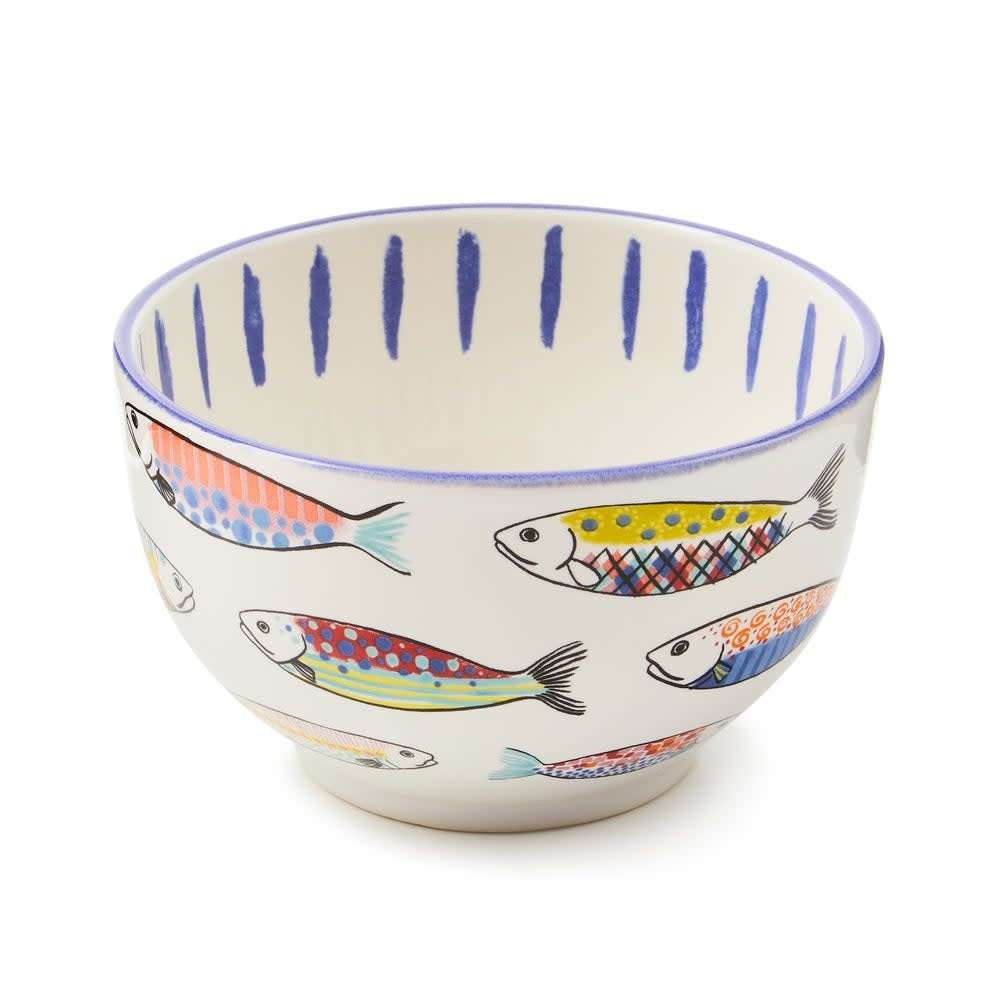 Go Fish Bowl stoneware bowl in white with blue fish pattern