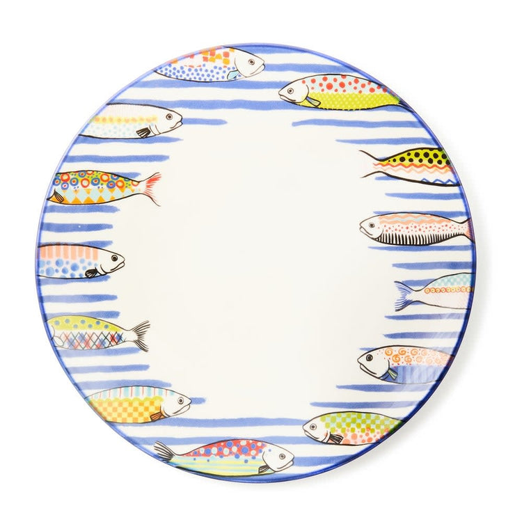 Go Fish dinner plate made in Portugal featuring hand-applied fish pattern transfer with a hand-painted rim on durable stoneware.