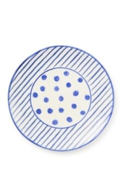 Handmade stoneware Go Fish salad plate with an ocean wave pattern in blue and white.