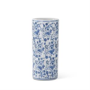 Blue and white ceramic cylinder vase with chinoiserie floral patterns