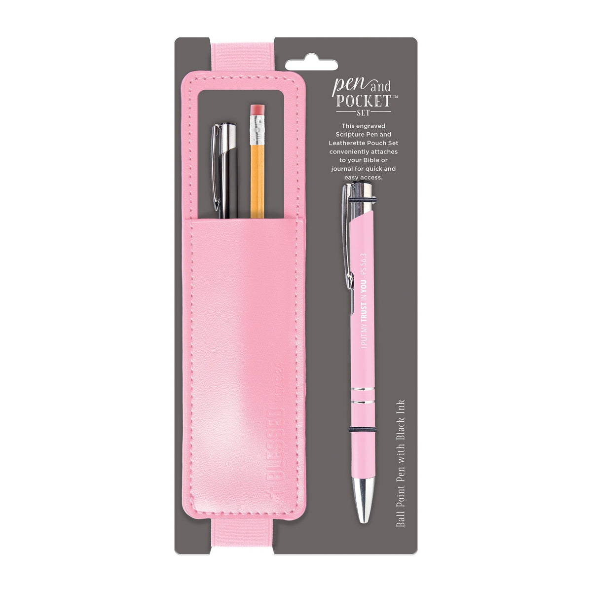 Pink leatherette pen and pocket set with a scripture ballpoint pen and elastic journal attachment.