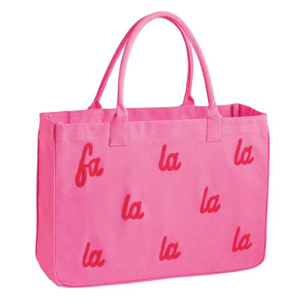 Pink canvas tote bag featuring red bouclé yarn 'fa la la' sentiment in a repeating pattern.