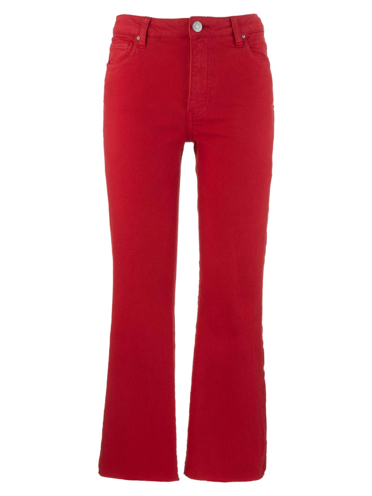 Red Kelsey high-rise ankle flare jeans with a raw hem and five-pocket styling.