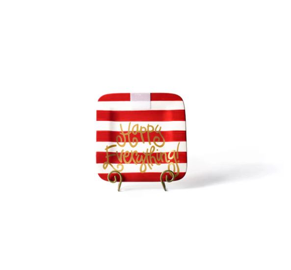 Ceramic square platter in red with white text reading Happy Everything!