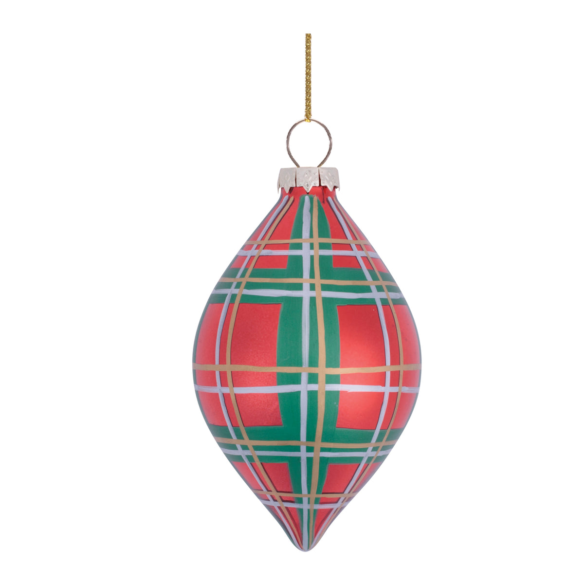 Elongated glass Christmas ornament with a red, green, and gold plaid pattern, hanging from a gold string.