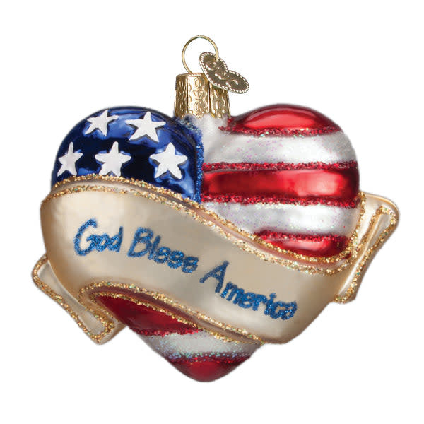 Red heart-shaped ornament with white 'God Bless America' text.