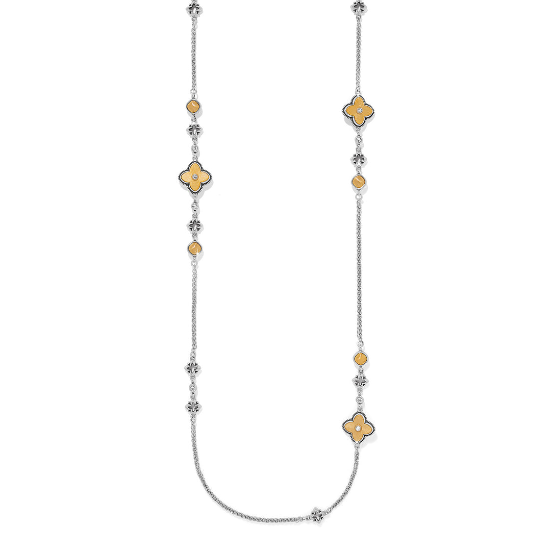 Silver-gold reversible cathedral long necklace with crystal and glass pearl accents on a silver-plated chain.