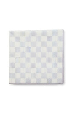 A stack of square paper luncheon napkins featuring a grey and white Sterling Check pattern.