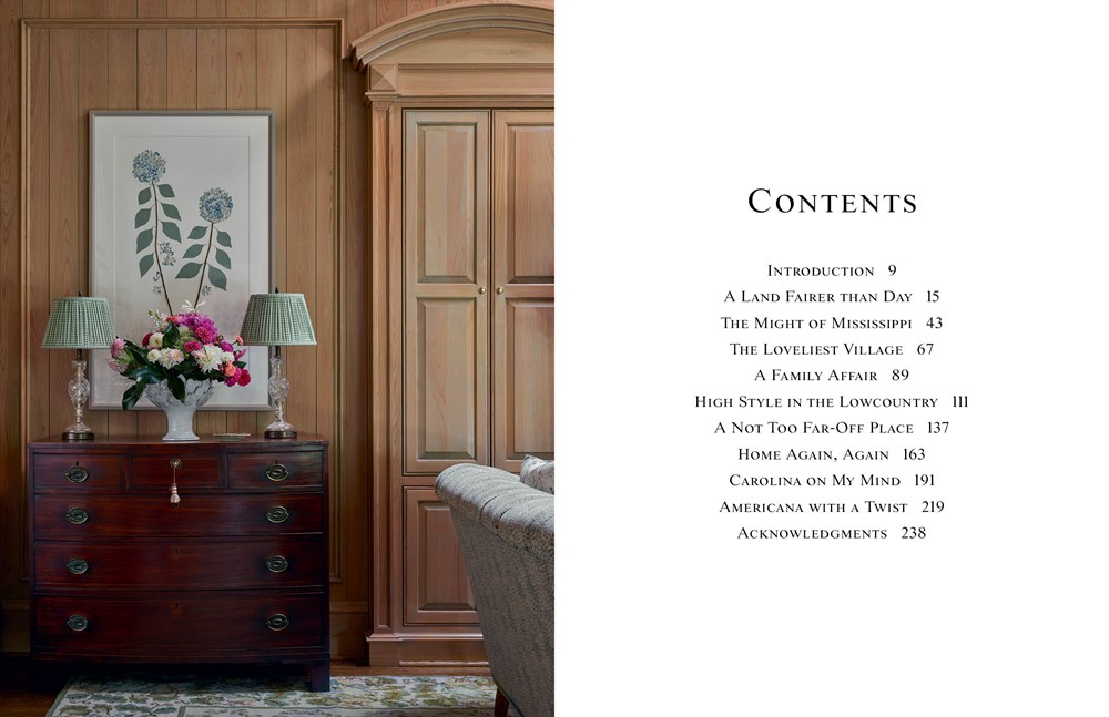 Table of contents for Home Again: A Return To Gracious Interiors next to a classic wood-paneled room.