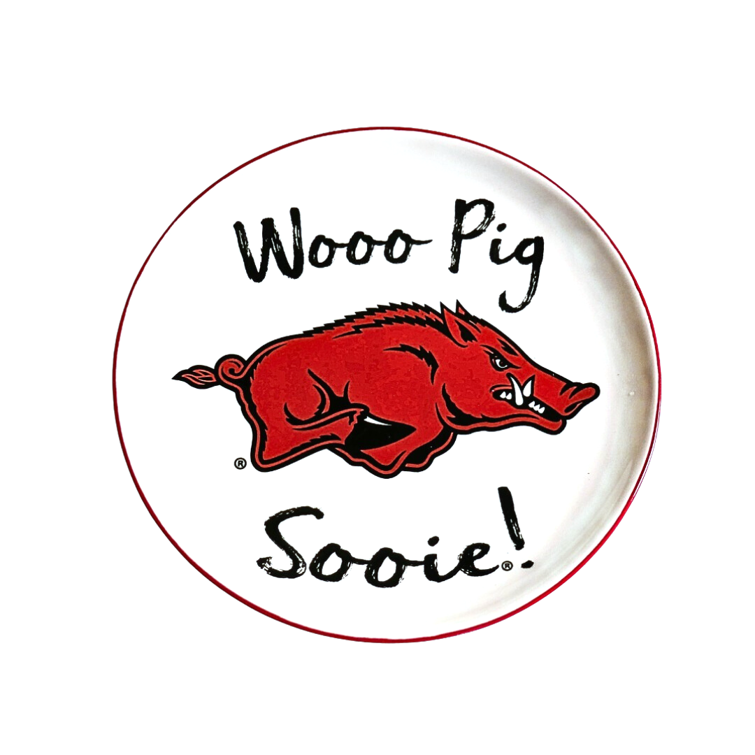 Round Arkansas logo trinket tray with a white background.