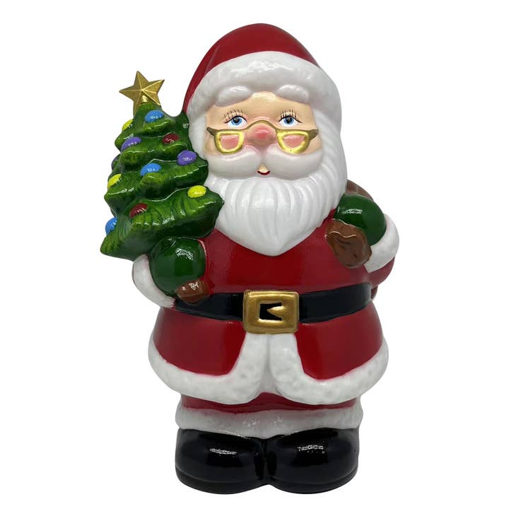 12-inch nostalgic Santa blow mold figure holding a Christmas tree, featuring LED illumination.