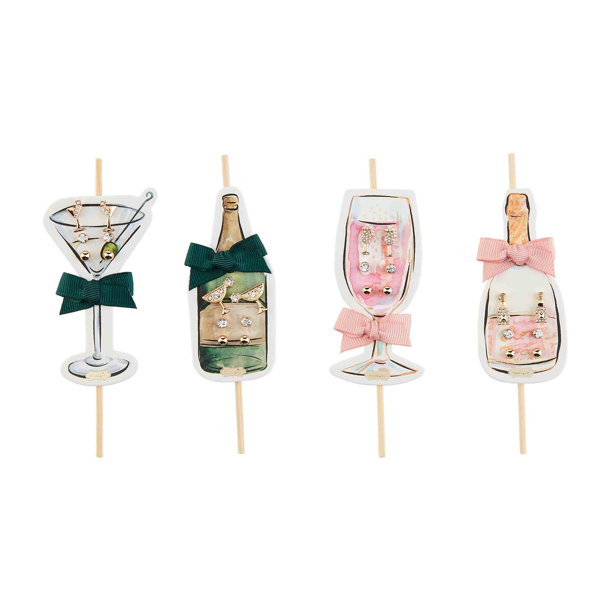 Drink Icon Earrings: silver-tone bottle-shaped studs with a clear liquid fill on display.