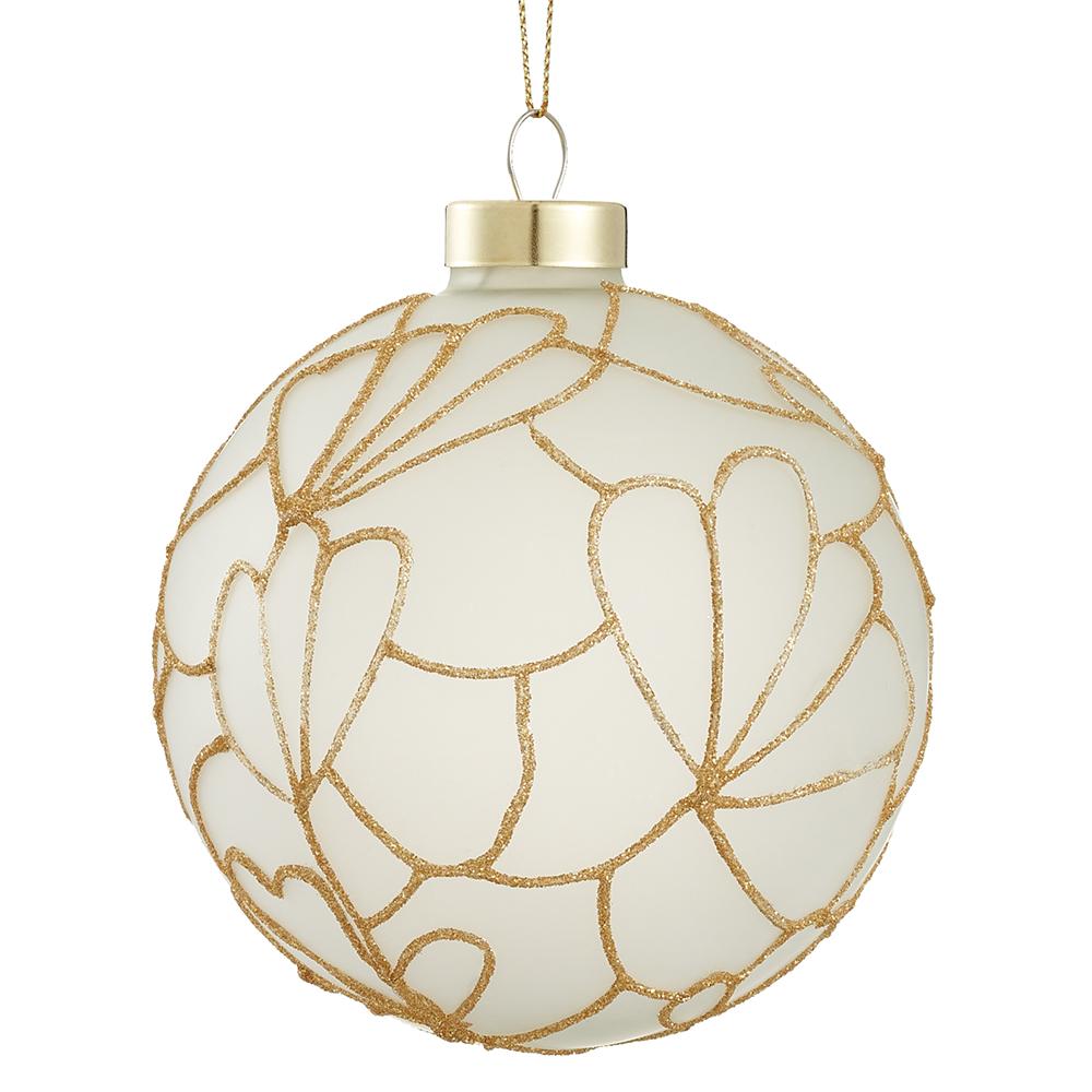 4-inch frosted white glass ball ornament with a gold glittered Tiffany lamp floral pattern.