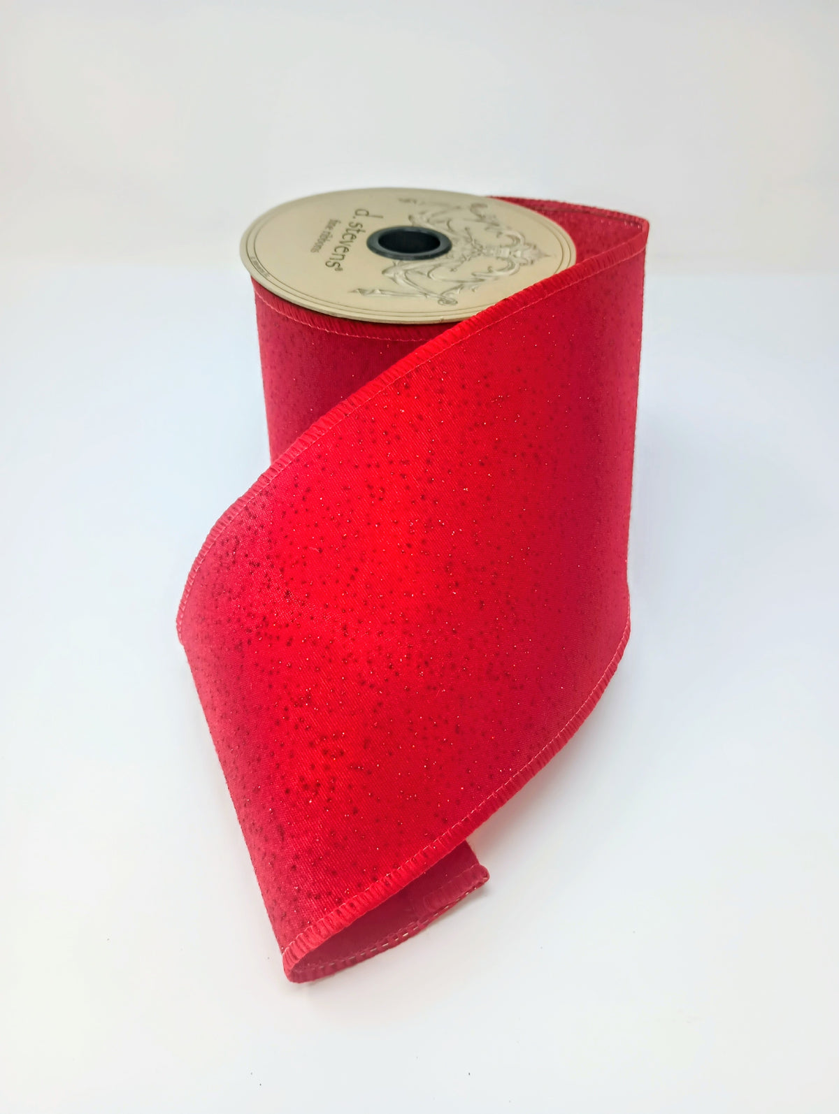 Spool of 4-inch red faux glitter linen ribbon with wired edges.