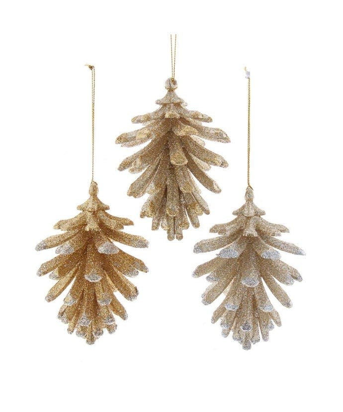Gold string pinecone ornament made of plastic with mica accents.