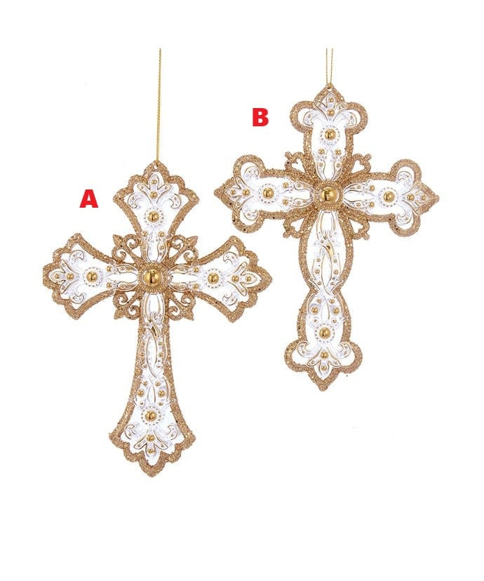 Plastic ornament with silver crosses featuring gold glitter and bead designs on a gold string