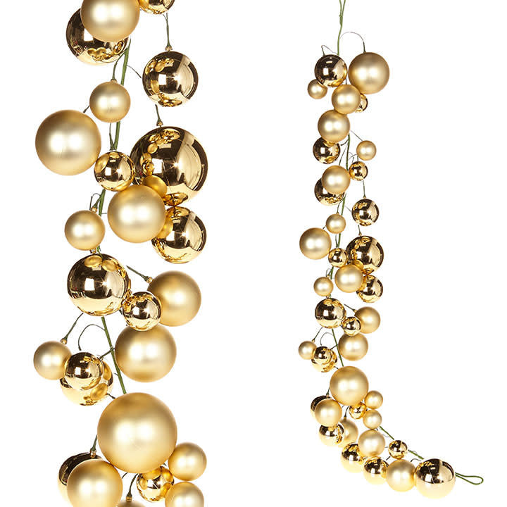 4-foot gold ball garland featuring glossy and matte plastic spheres on a wire frame.