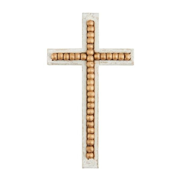 Large mango wood decorative cross with intricate gold bead detailing