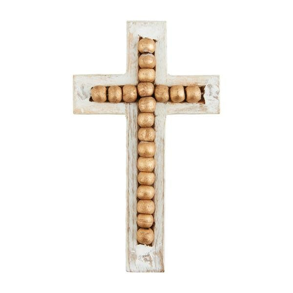 Large mango wood decorative cross with intricate gold bead detailing