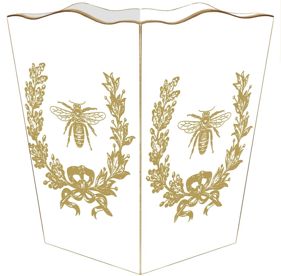 Gold scalloped wastepaper basket with water-resistant exterior on white background