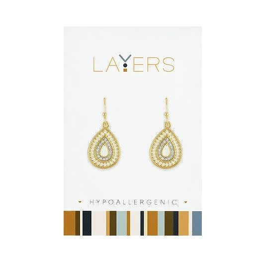 Gold layered teardrop earrings with shimmering cubic zirconia accents in a boho style.