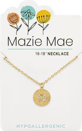 Gold disc necklace with an engraved butterfly pendant