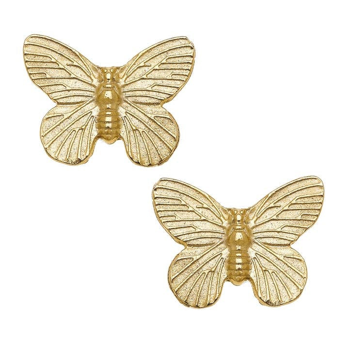 Gold butterfly stud earrings with a delicate wing shape.