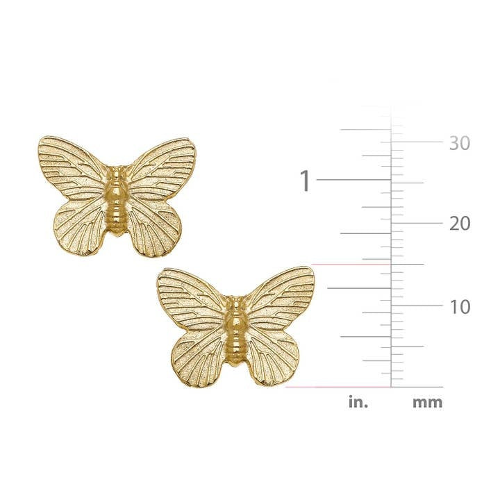 Gold butterfly stud earrings with a delicate wing shape.