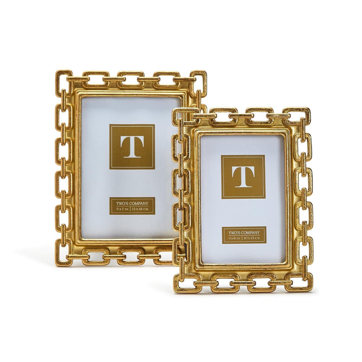 Gold resin photo frame with chain-link detailing on front.