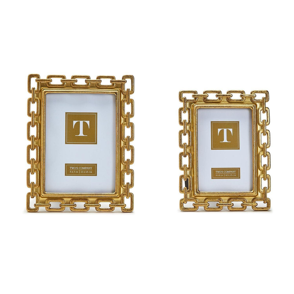 Two gold resin photo frames with velvet backing displayed side by side.