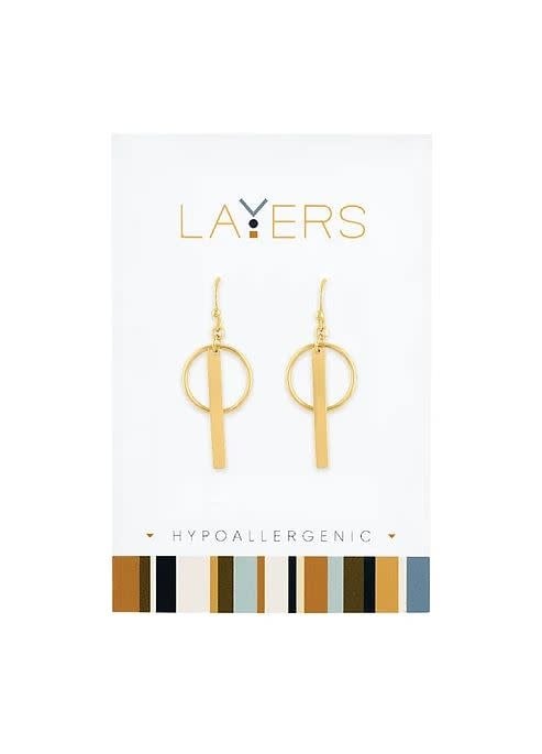 Gold layered dangle earrings featuring intersecting circles and bars with a modern silhouette.
