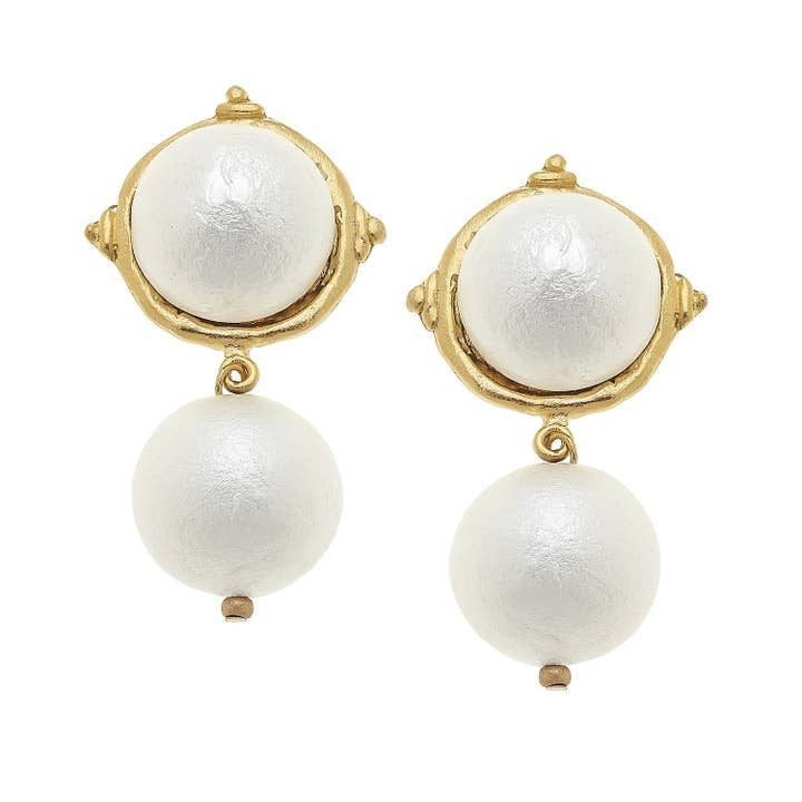 Gold Cotton Pearl Cab with Cotton Pearl Drop Clip Earrings