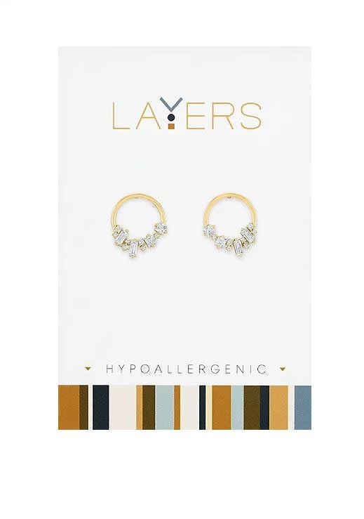 Gold hoop stud earrings featuring a cluster crystal layer with a modern sleek silhouette