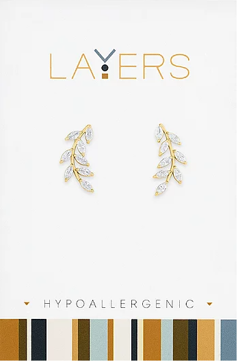 Gold layered leaf stud earrings with clear cubic zirconia accents