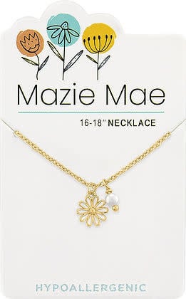 Gold daisy pendant with pearl drop on adjustable chain necklace