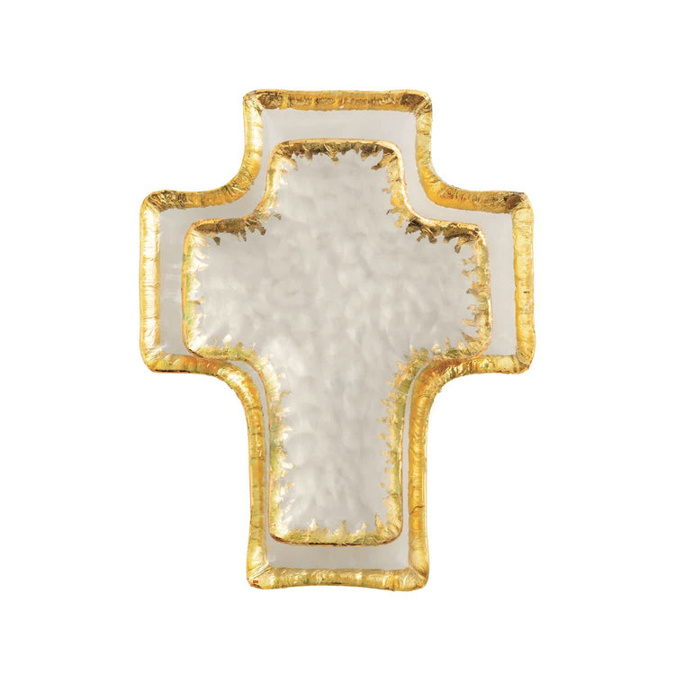 Nested glass cross tidbit trays with gold foil edges in small and large sizes.