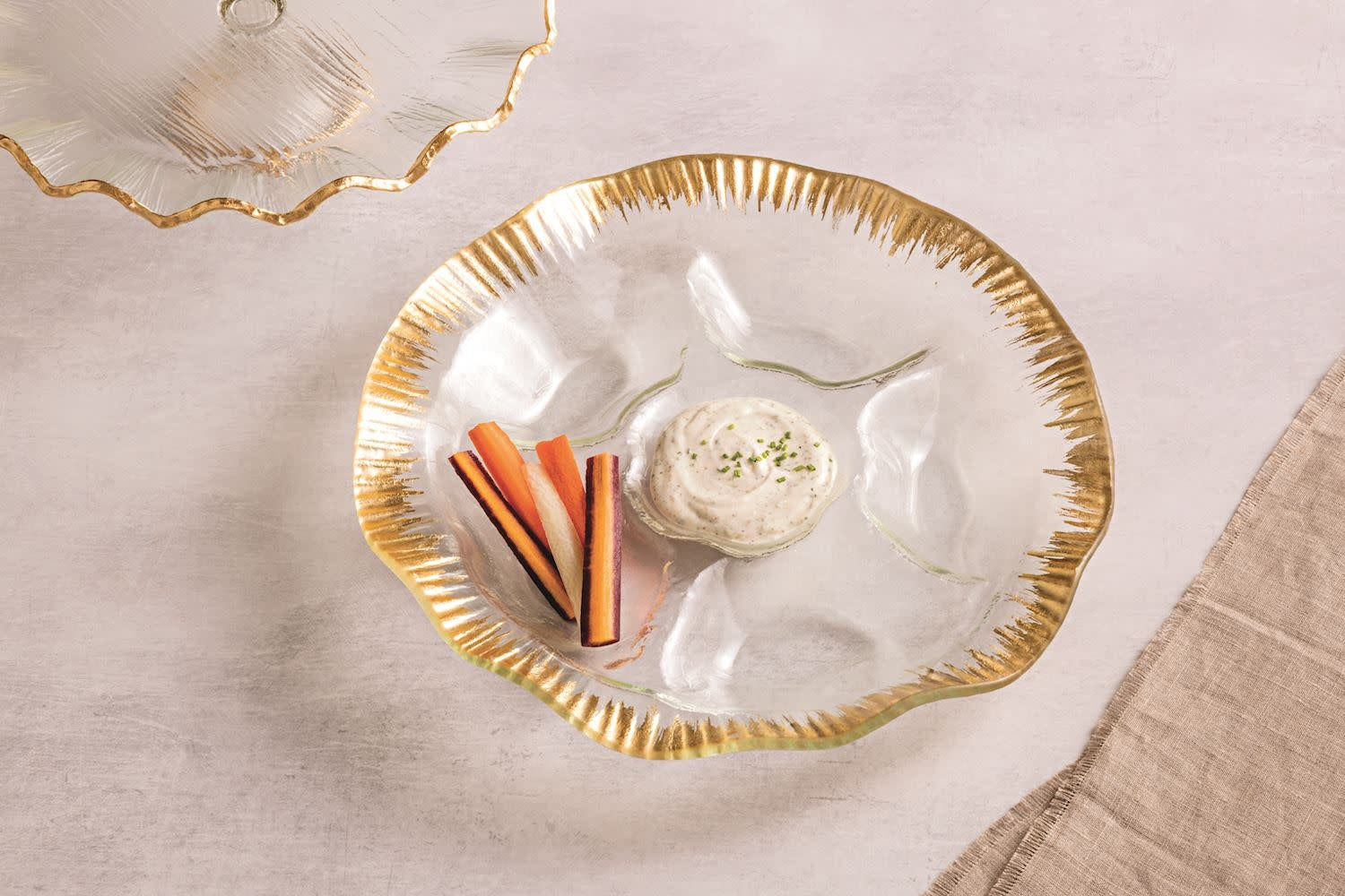 Glass sectioned platter with gold foil ruffle edge detail