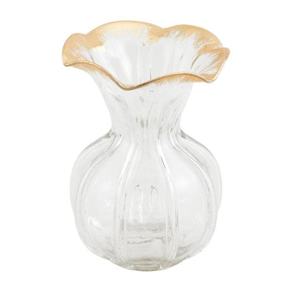 Textural glass vase with a fluted body and hand-painted gold ruffle rim.