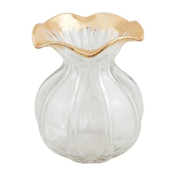 Hand-painted glass vase with gold ruffle rim and fluted texture