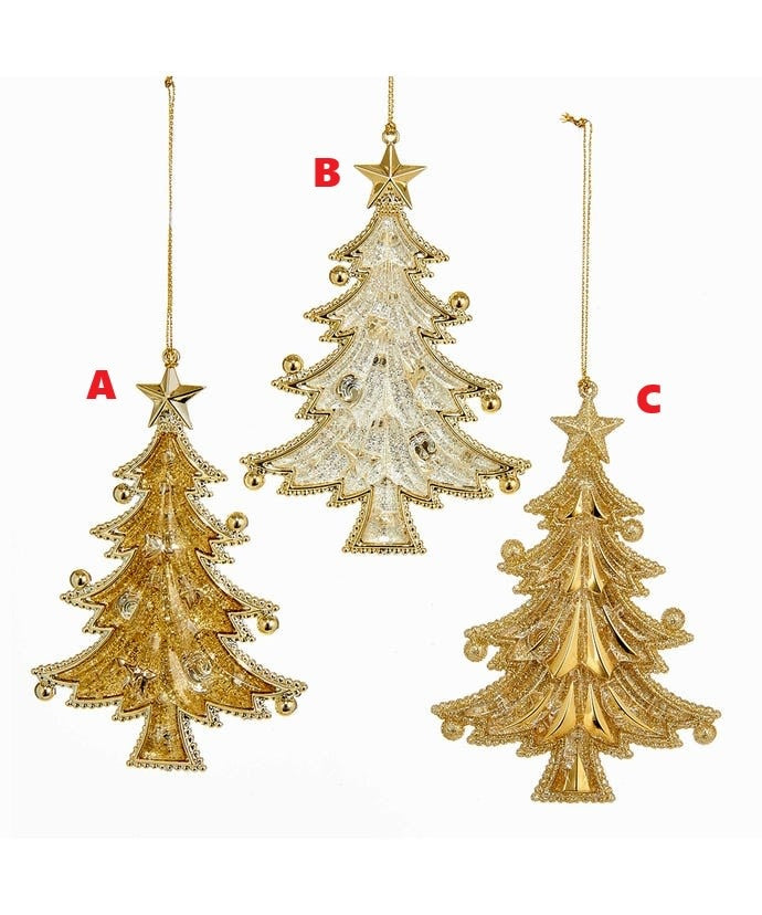 Acrylic Christmas tree ornament with gold glitter finish hanging from a string