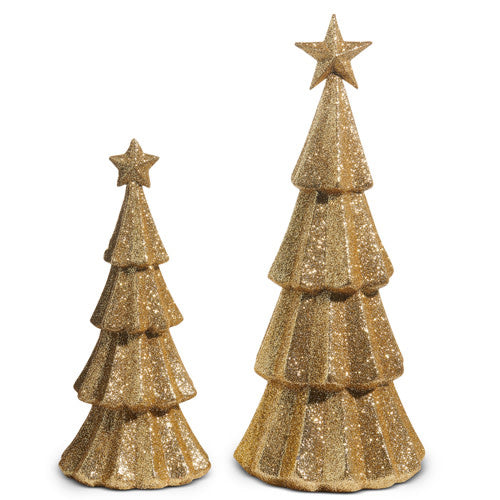 Resin gold glitter tree with a classic triangular silhouette.